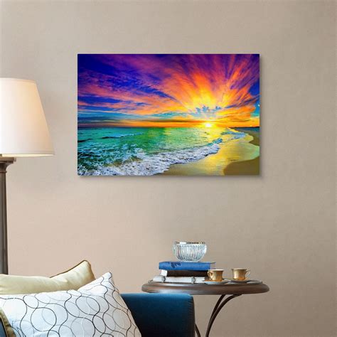 Colorful Ocean Sunset Orange And Red Canvas Wall Art Print Coastal