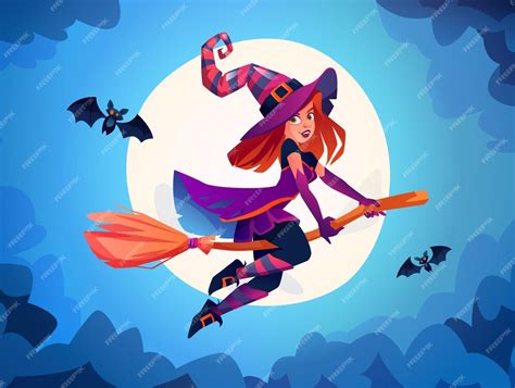 Premium Vector Witch Flying On Broomstick Against Full Moon Light