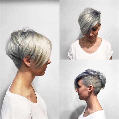 This Textured Platinum Undercut Pixie With Long Side Swept Bangs And