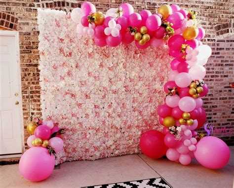 Flower Wall And Pink Balloon Garland With Natural Fresh Flowers