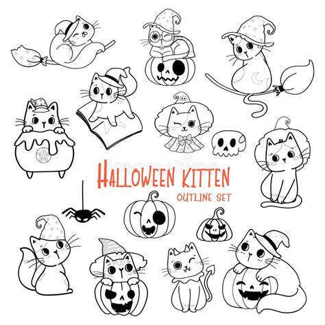 Cute Halloween Cat Cartoon Outline Doodle Set Vector For Colouring Book
