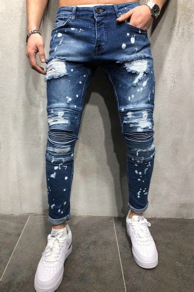 New Fashion Spray Painted Pleated Knee Patched Stretch Slim Fit Blue
