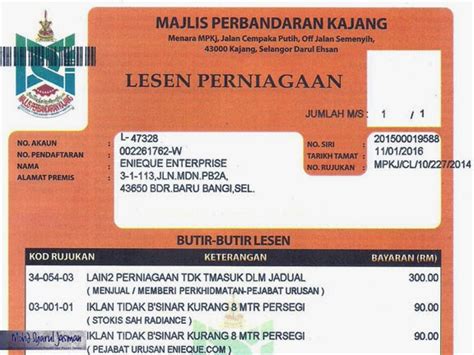 Tanda premis) dan lesen premis lesen yang dikeluarkan (di peringkat kaunter. MOHD SYARUL JASMAN: MPKj: Enieque Enterprise.