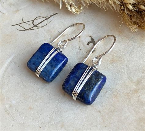 Lapis Earrings Silver Wire Wrapped Blue Gemstone Earrings Etsy