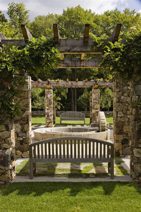 Choosing plants for arches and pergolas. Meditation Garden with Pergola and Fountain Colonial ...