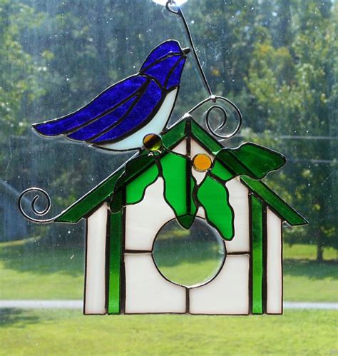 Stained Glass Birdhouse W Blue Bird Handcrafted In Etsy Stained