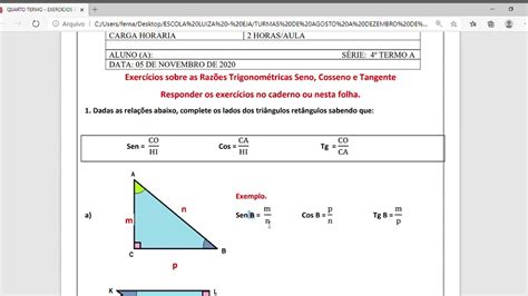 Atividades Sobre Seno Cosseno E Tangente