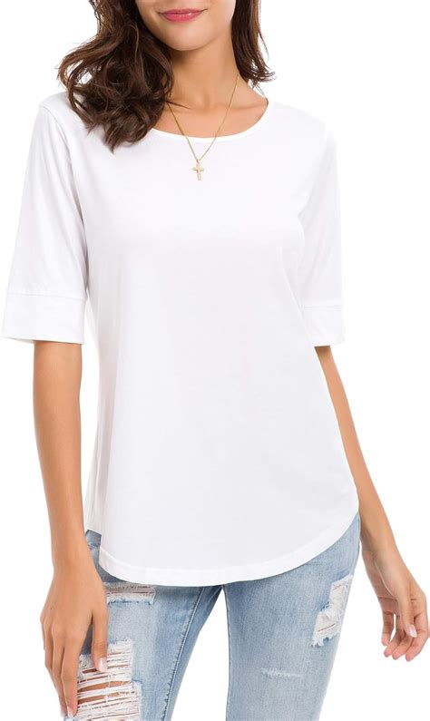 Women Half Sleeve Cotton Tops Summer Crewneck Blouses Casual Tunic Tee Shirts White Xxx Large