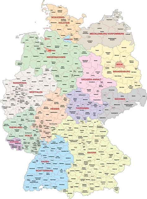 Las regiones y las ciudades de la lista, con marcada en los centros administrativos, las calles, las carreteras y los edificios foto de satélite. Mapa de Alemania - Alemania Destinos