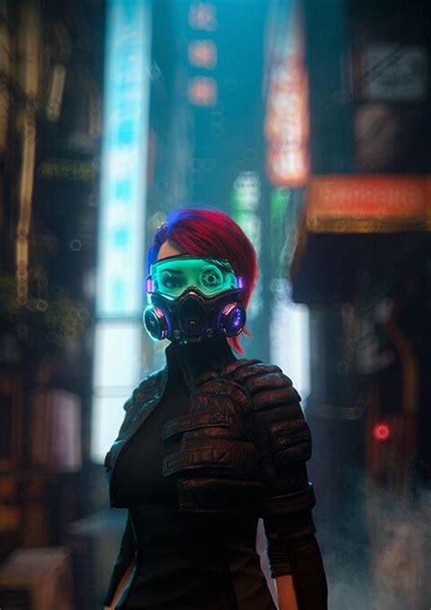 artstation glow city alina makarenko cyberpunk girl gas mask cyberpunk art
