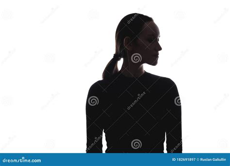Black And White Silhouette Portrait Of Woman Head Turned Sideways Stock