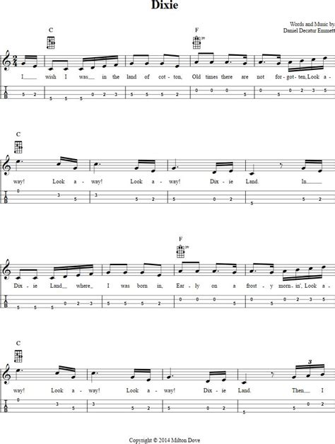 Dixie Chords Sheet Music And Tab For Mandolin With Lyrics Banjo