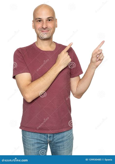 Happy Bald Man Pointing His Fingers Aside Stock Image Image Of Showing Smiling 139930485