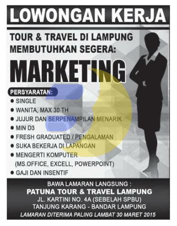 Bank bni wilayah surabaya saat ini sedang membuka lowongan kerja terbaru dengan pendidikan minimal d3/s1 dari semua jurusan. Lowongan Kerja PATUNA TOUR & TRAVEL Lampung