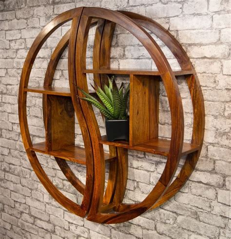 Solid Mango Wood 2 Part Round Wall Mounted Shelving Unit Wall Mounted