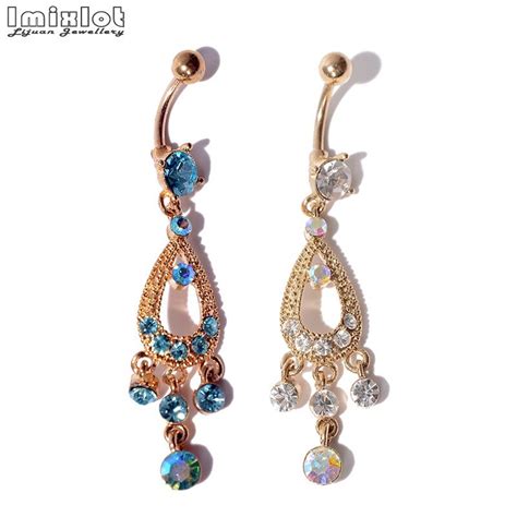 Gold Sexy Dangle Bars Belly Button Rings Belly Piercing Cz Crystal Flower Body Jewelry Navel