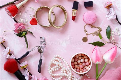 Pink Background With Cosmetics And Jewelry Stock Photo Image Of
