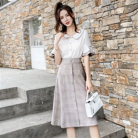 fashion summer women 2 pieces set turn down collar short sleeve white blouse and skirt casual