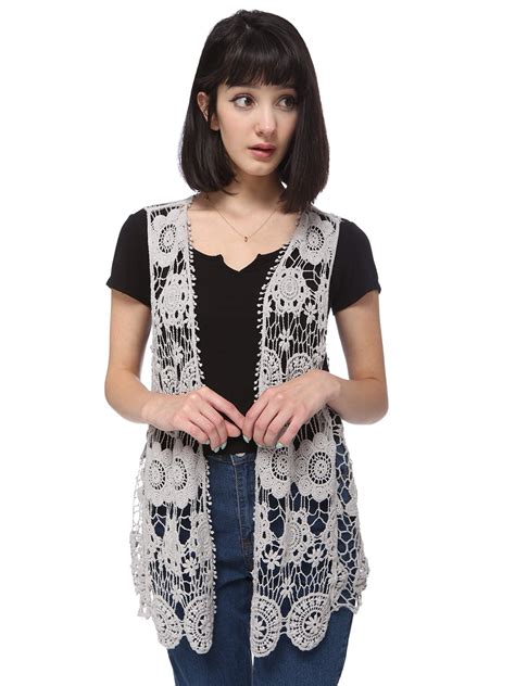Casual Womens Floral Crochet Lace Trim Sleeveless Pom Fringe Open Front