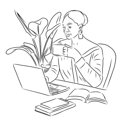 Line Art Woman Working From Home Line Art Woman Coronavirus Png And