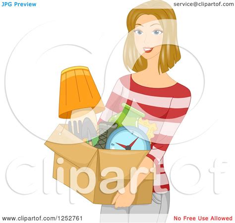 clipart of a blond caucasian woman carrying a box of belongings royalty free vector