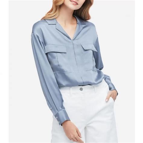 Spring Double Pockets Women Silk Satin Shirt Female Tops Long