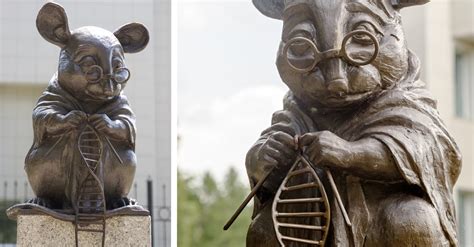 There's a bronze statue of a mouse knitting a dna double helix in russia. Bronze Mouse Knitting DNA is an Homage to Science