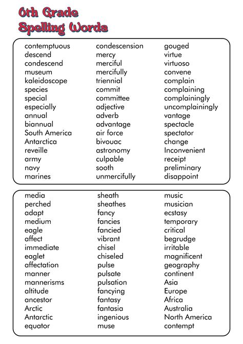 Grade 6 Spelling Words Printable Words Print