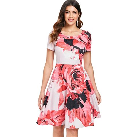 Joineles Elegant Pink Floral Print Summer Women Dress Round Neck Short