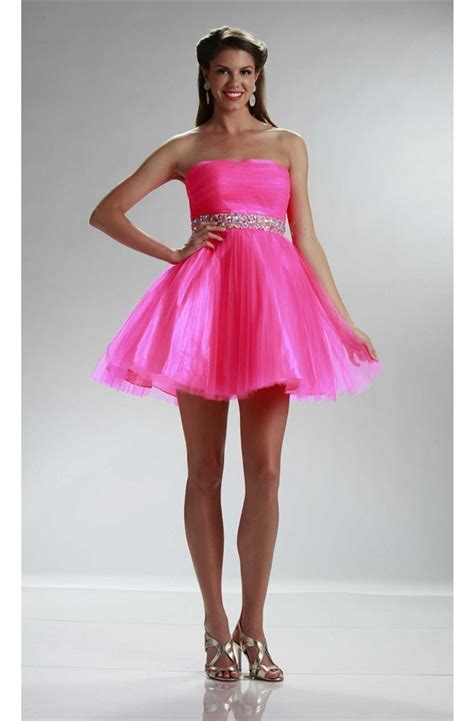 Beautiful Ball Strapless Short Hot Pink Tulle Beaded Cocktail Prom Dress