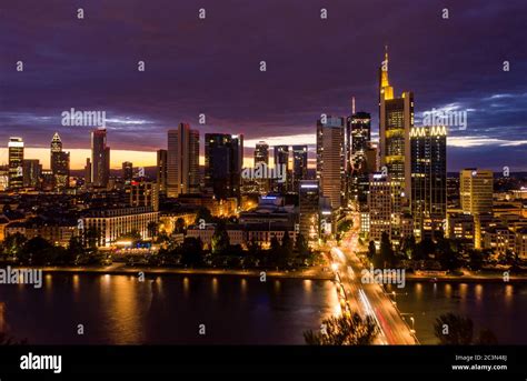 Wide View Of Frankfurt Am Main Skyline At Night With Main River In