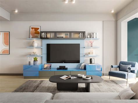 Minimal Living Room Design With Blue And Grey Tv Unit Beautiful Homes
