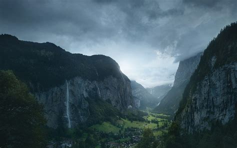 デスクトップ壁紙 風景 森林 滝 自然 雲 村 朝 ミスト フィヨルド 谷 スイス アルプス 天気 大気現象