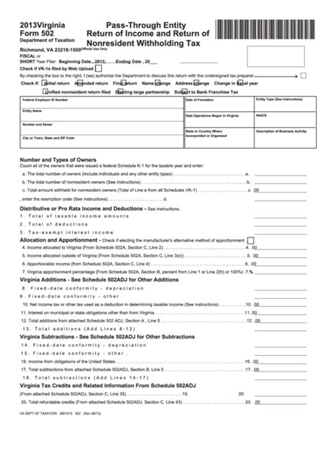 Fillable Form 502 Pass Through Entity Return Of Income And Return Of