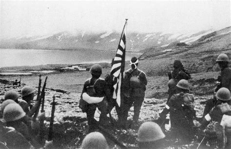 Japanese Special Naval Landing Forces Marines Land With The Imperial Flag On The Island Of Kiska
