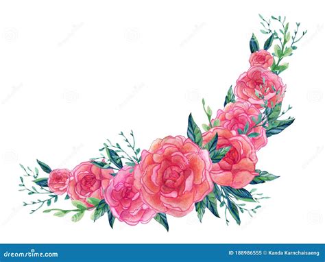 Watercolor Camellia Blossom Pink Design Bridal Frame Bouquet Border