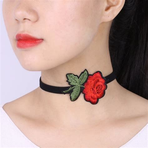 Fashion Women Jewelry Black Chokers Red Flower Necklaces Embroidery Rose Velvet Choker Necklace