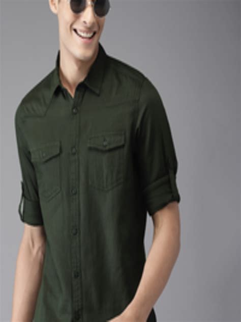 Buy Hereandnow Men Olive Green Regular Fit Solid Casual Shirt Shirts