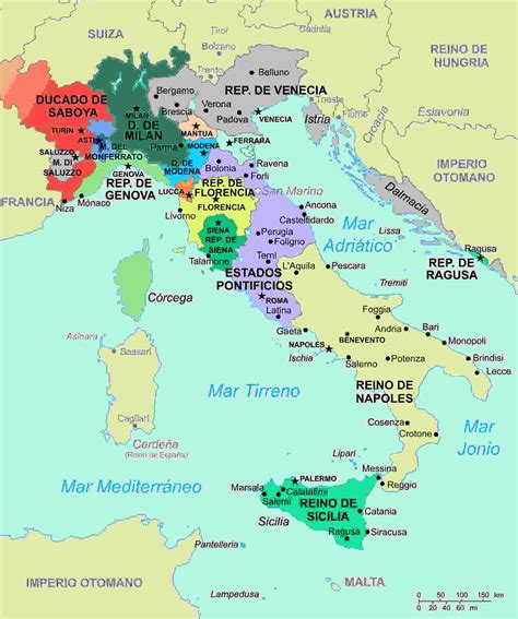 Mappe e informazioni per turisti in un posto solo. Mapa de Italia en 1494, en vida de César Borgia. | Storia ...