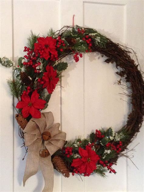Large Grapevine Wreath With Poinsettias Pine Cones Greens And Berries