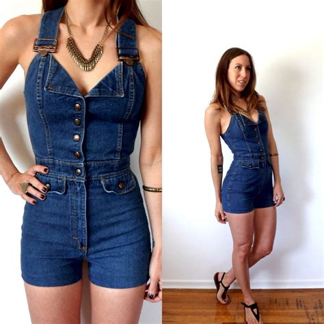 Vintage Denim Overall Shorts Womens Romper Blue Jean Jumpsuit Look Fashion Moda Moda Feminina