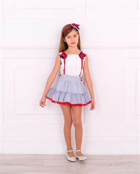 Dolce Petit Girls White Blouse And Blue Striped Skirt Set Missbaby
