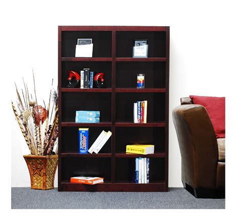 10 Shelf Double Wide Wood Bookcase 72 Inch Tall Cherry Finish