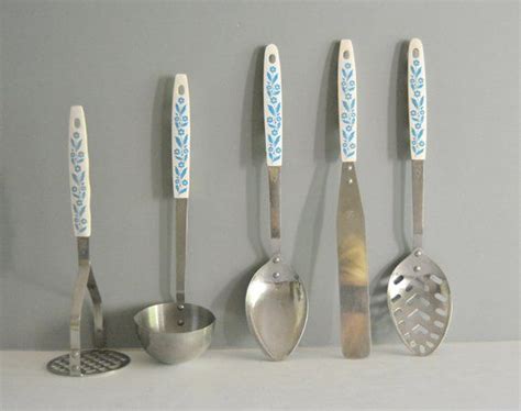 Vintage Cornflower Utensil Set Ladle Potato Masher Spoon Spatula Soup