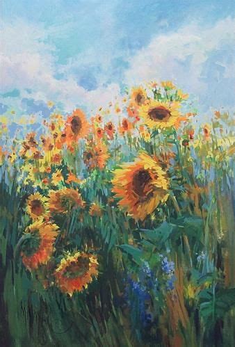 Daily Paintworks Sunflowers And Blue Original Fine Art For Sale
