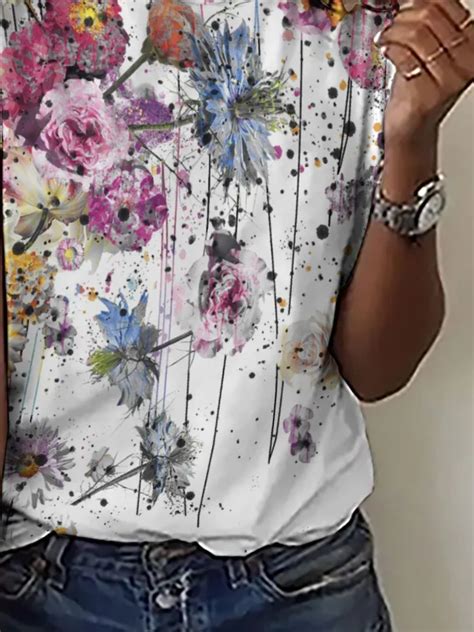 Casual Abstract Floral Print Crew Neck T Shirt Lilicloth