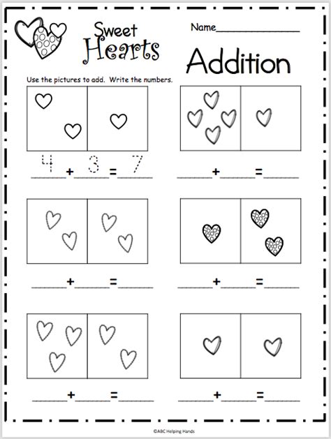 Free Kindergarten Math Addition Worksheet Valentines Day