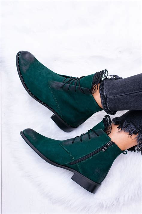 kožené zelené dámské kotníkové boty s krajkou Millano ...