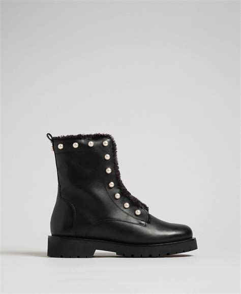 Leather Combat Boots With Pearls Woman Black Twinset Milano
