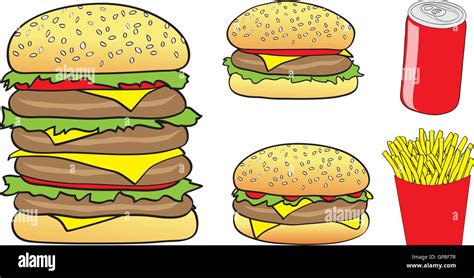 Vector Illustration Of Cartoon Burgers Chips And A Can Isolated On A